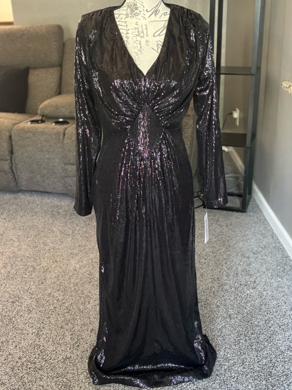 Nanette Lepore Black Long-Sleeve Sequin V-Neck Evening Gown